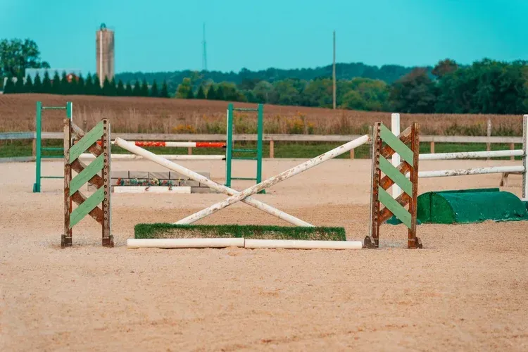 Equestrian jump in an outdoor arena, with green and white wooden rails, beige footing, and a rural backdrop.