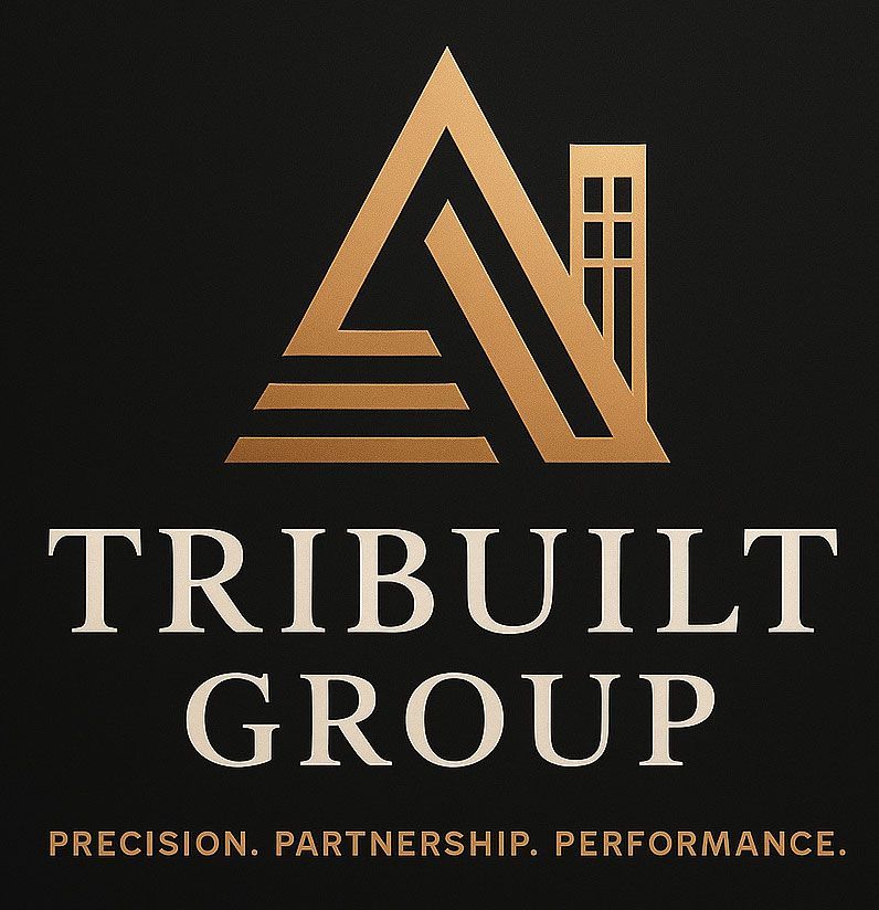Logo for Tribuilt Group: gold geometric A-shaped design with a house silhouette on a black background. "Tribuilt Group" text below.
