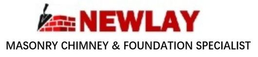 Logo for Newlay, masonry chimney and foundation specialist; red text and brickwork.