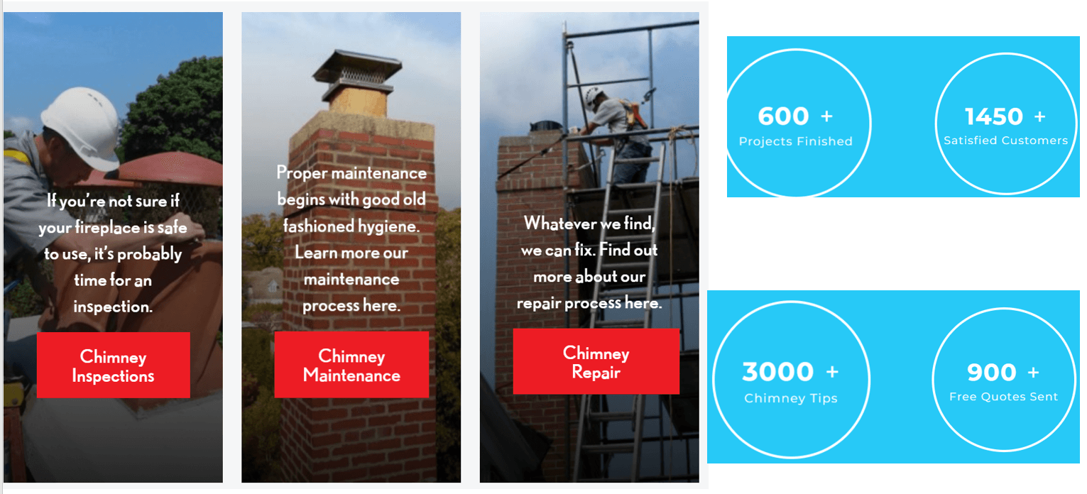 Chimney services: Inspection, maintenance, and brush. Blue circles with numbers.