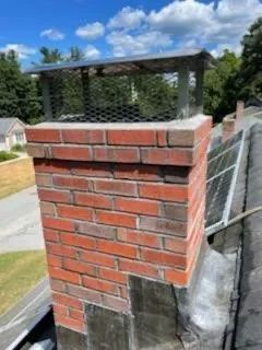 Brick chimney with mesh cap on a rooftop, with blue sky and greenery in the background.