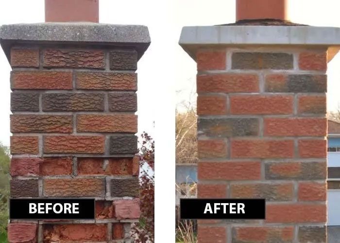 Brick pillar before and after cleaning. The left side shows stained bricks with missing sections, the right side is clean and restored.