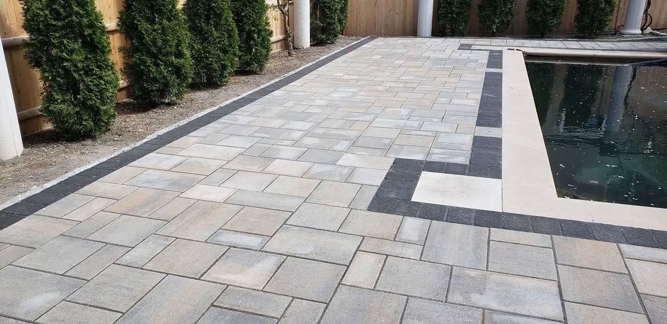 Paver patio with a pool, surrounded by greenery and a black border.
