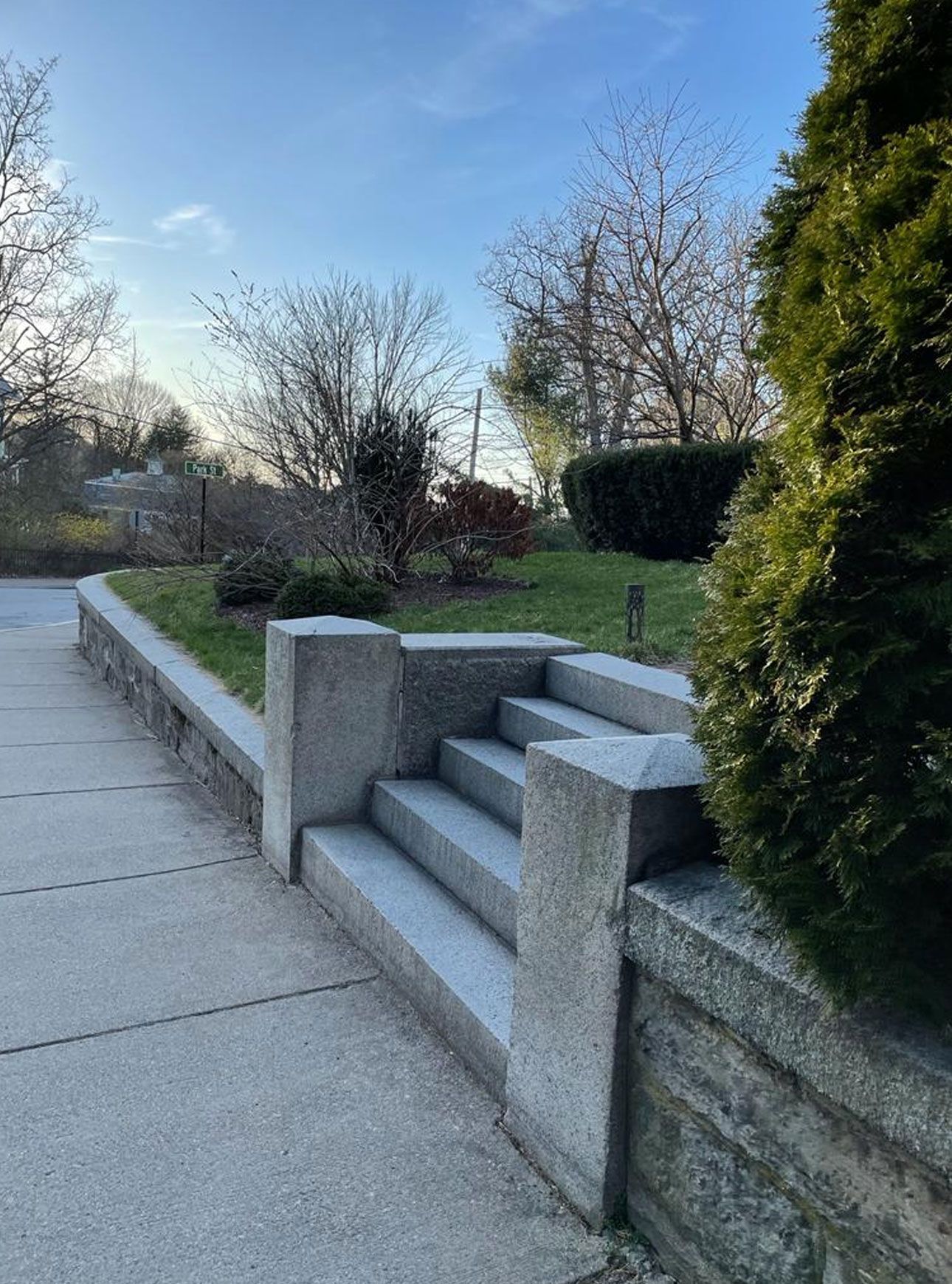 Concrete steps leading up to a grassy area beside a sidewalk; evergreen tree on the right, trees and houses in the background.