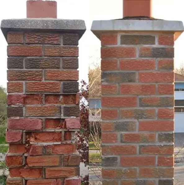 Chimney with crumbling brick on left, compared to repaired chimney on right.