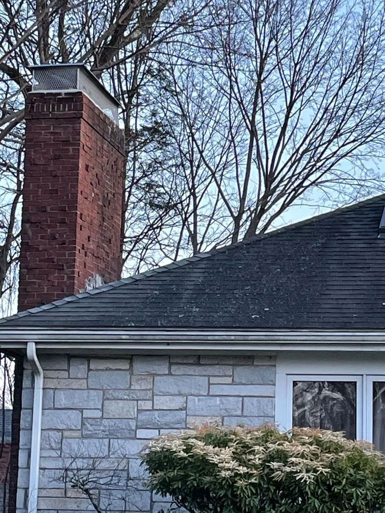 Brick chimney rising above a roof; light stone house with bare trees and bushes in the background.