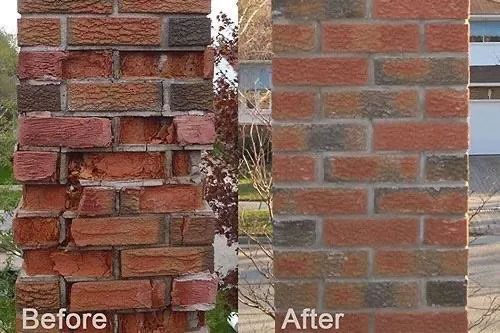 Brick column before and after repair; weathered bricks replaced with new, neatly laid ones.