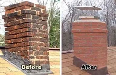 Chimney before and after repair: damaged bricks on the left, rebuilt chimney with cap on the right.