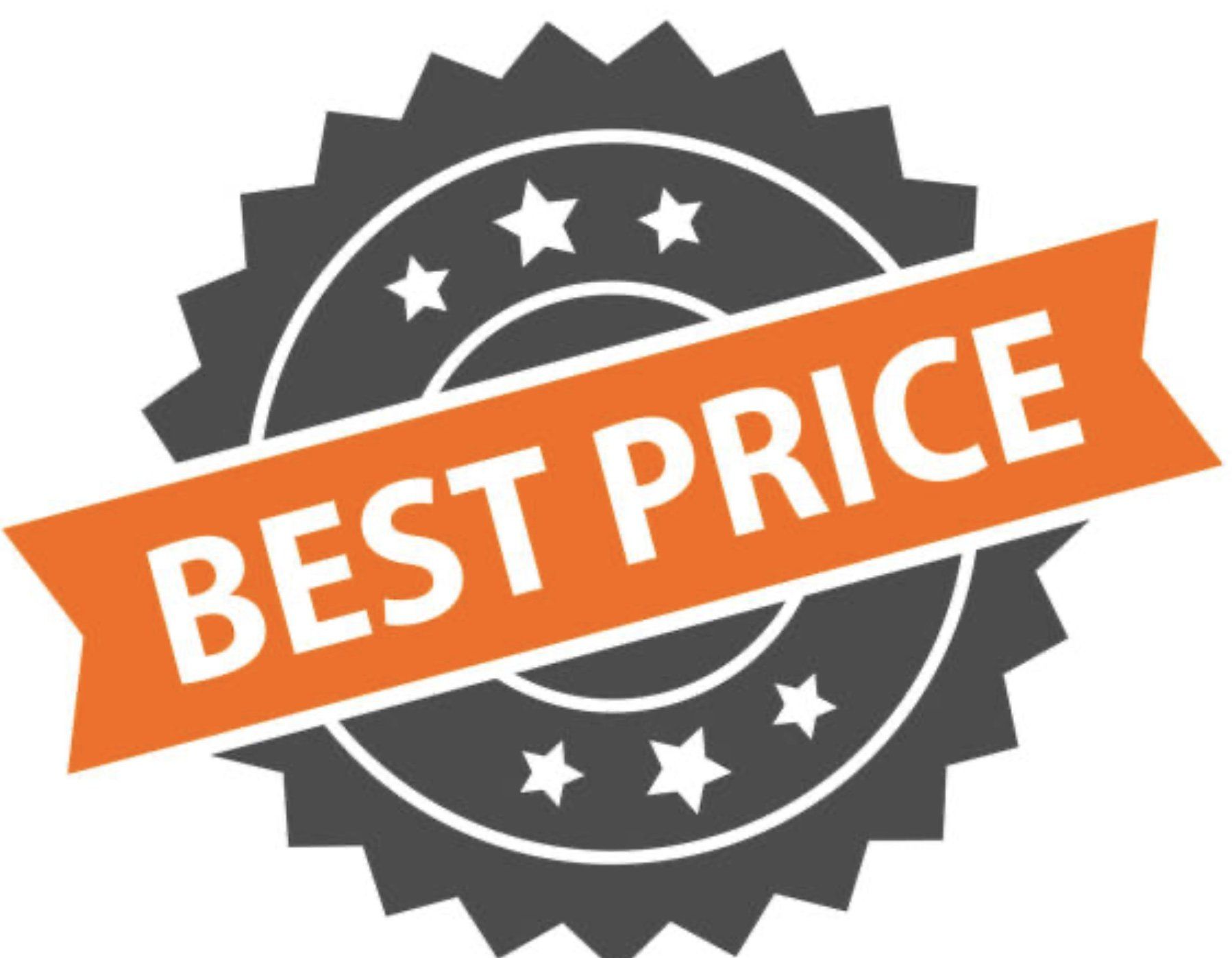 Best Price badge, orange ribbon with text over a gray seal with stars.