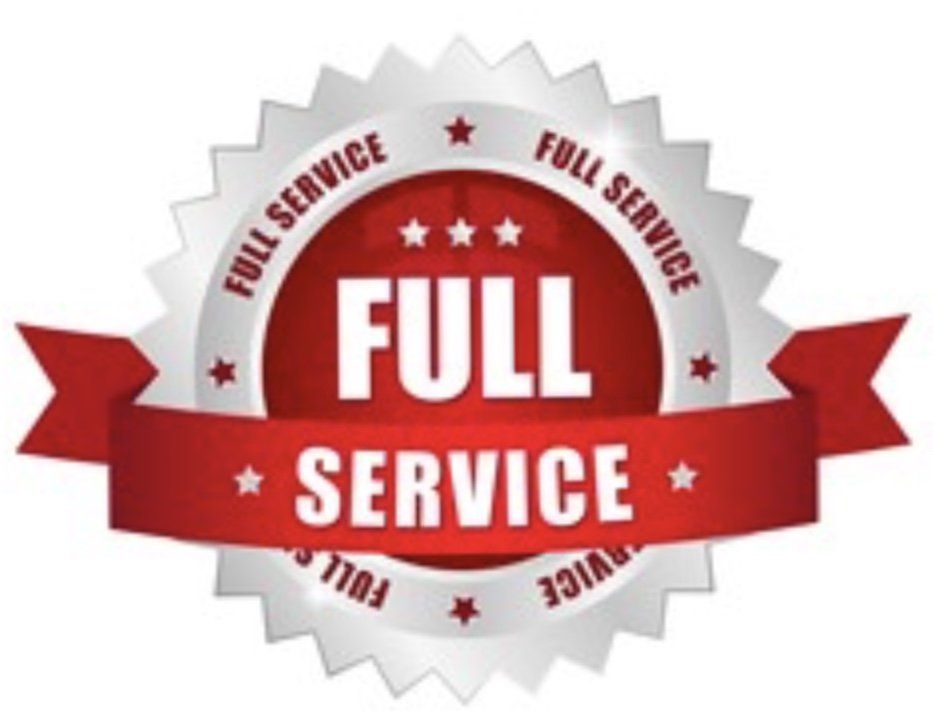 Silver and red FULL SERVICE seal with stars.