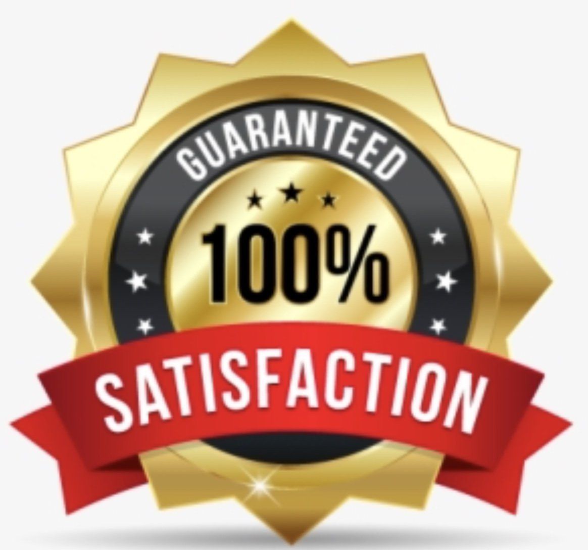 Golden badge with GUARANTEED 100% SATISFACTION in black and red ribbon.