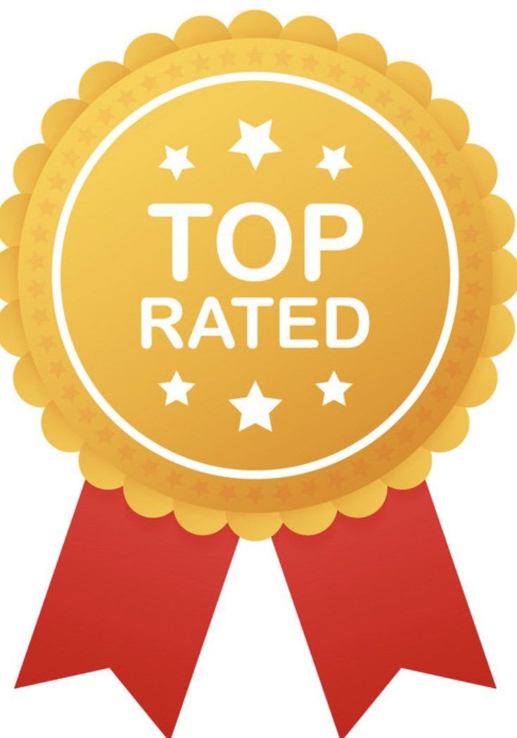 Gold Top Rated badge with red ribbons.