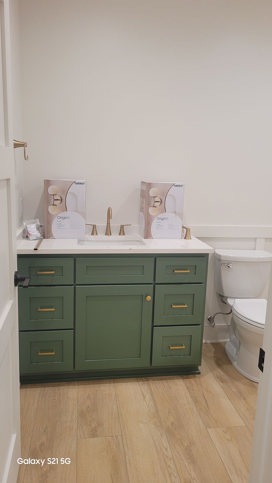 Green vanity with gold hardware, white countertop and sink, two boxes, toilet, and light wood floor.