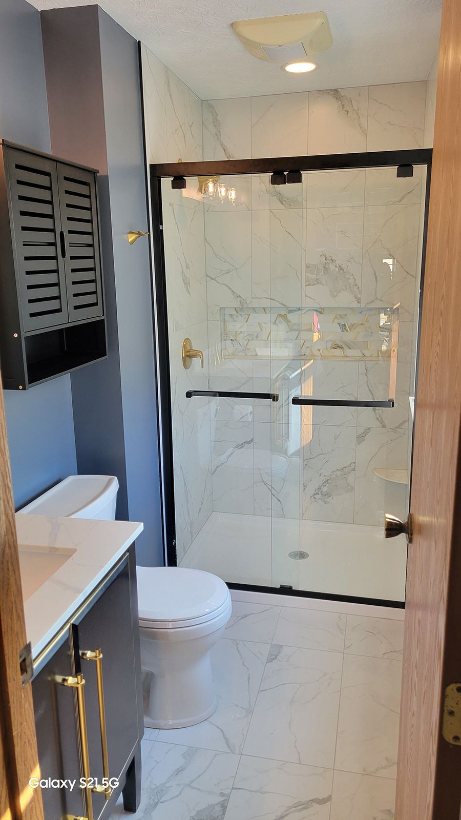 Bathroom with a marble-tiled shower, white toilet, and a dark-colored vanity.