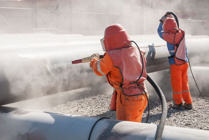 Two workers in protective gear sandblasting large pipes outdoors, creating a cloud of dust.