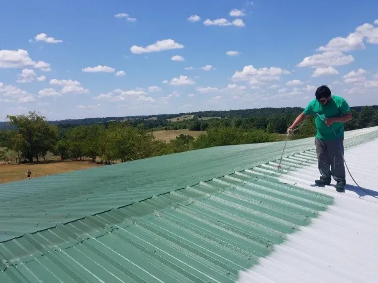 A person in a green shirt spray-paints a white metal roof green on a sunny day with trees in the background.