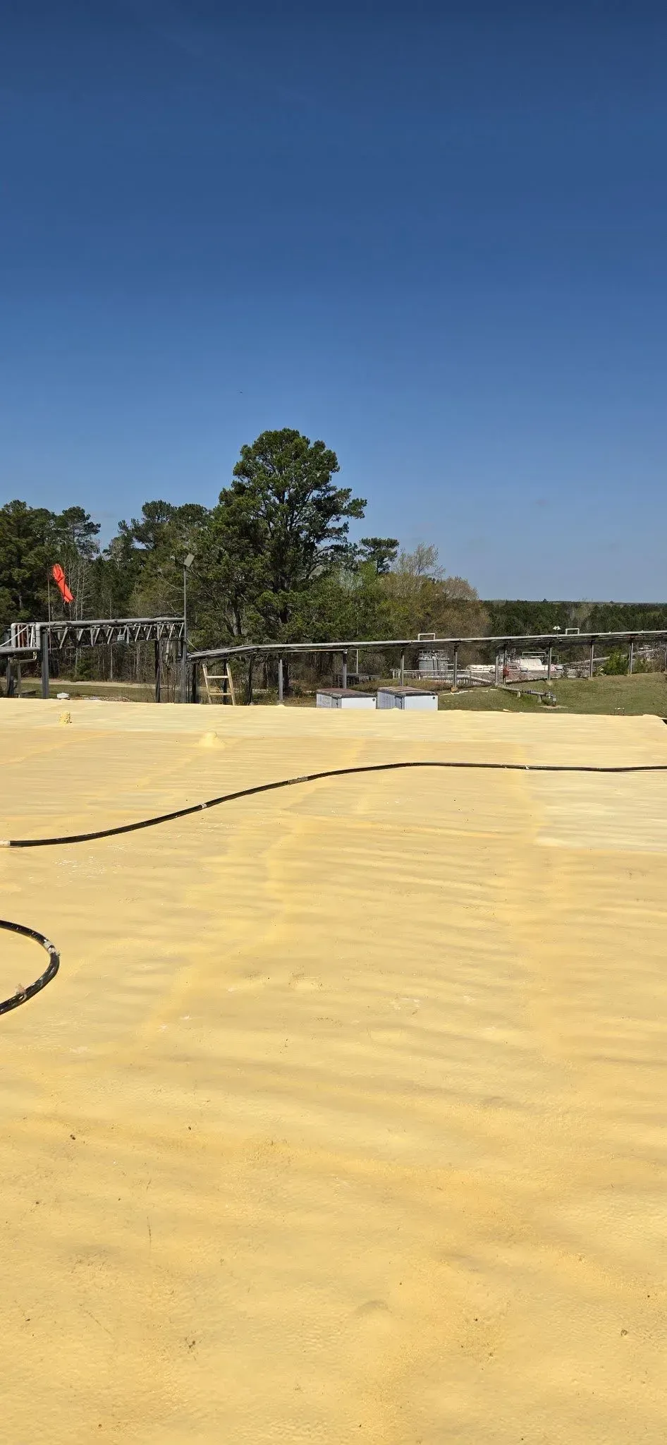 A tan sandy area with a black curved line, trees, and buildings against a blue sky.