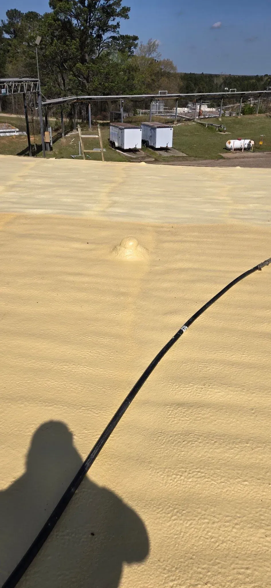 A person's shadow and a dark curved object lie on light-colored ground, with structures and trees in the background.