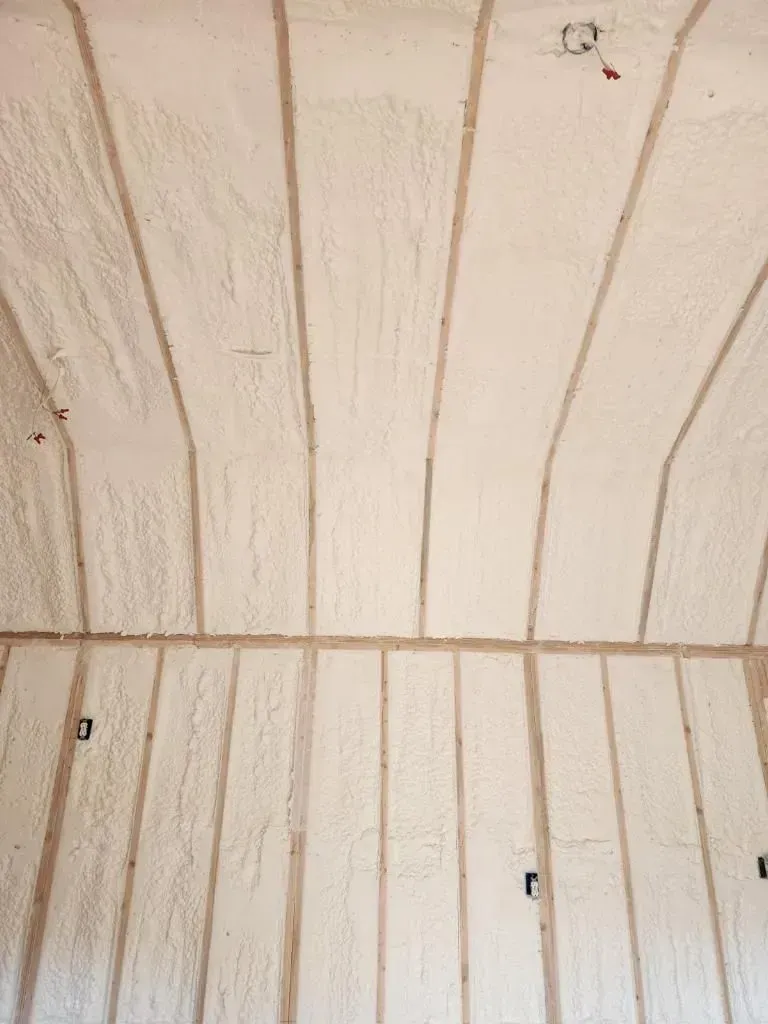 Arched ceiling with exposed wooden beams and white insulation foam between the beams.