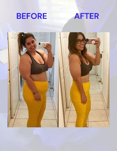 Weight loss transformation: Woman in yellow pants and gray sports bra, smiles in before and after photos.