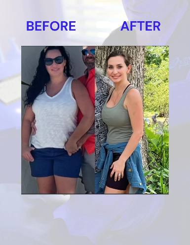 Weight loss comparison. Woman in white shirt before, olive tank top after. Smile, outdoor setting.