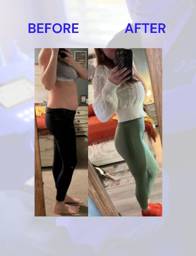 Side-by-side comparison of a person. Before: black leggings. After: green leggings, mirror pose. Weight loss claim.