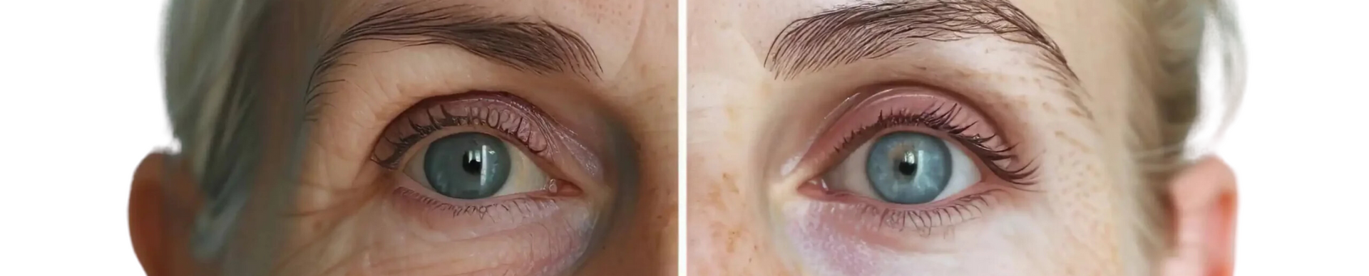 Two side-by-side images of a person's eyes, appearing to show a before-and-after comparison.