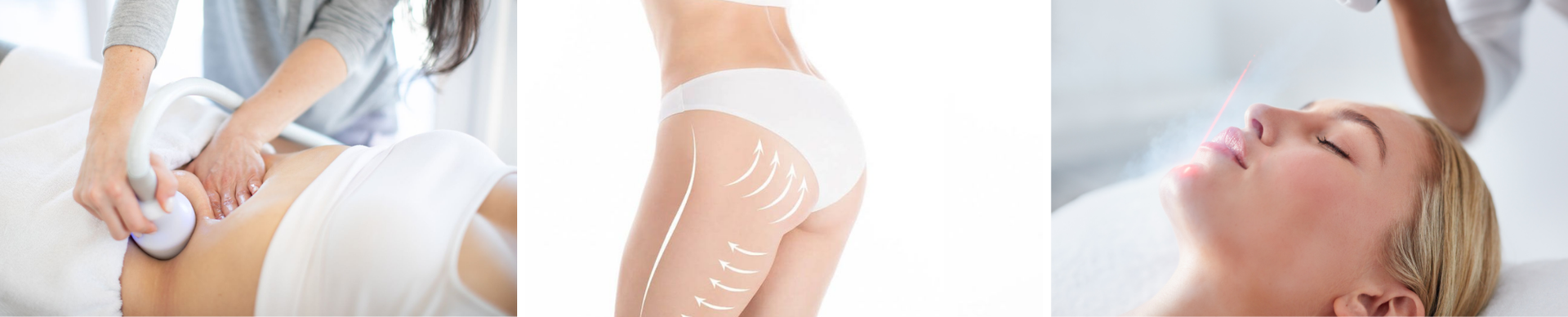 Three scenes of beauty treatments: massage on back, legs with gel, and facial treatment.