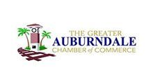 Logo for the Greater Auburndale Chamber of Commerce. Features a train, clock tower, and palm trees.