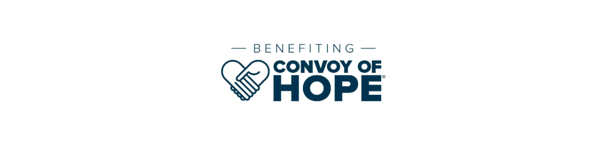 Logo for "Benefiting Convoy of Hope" with a heart-shaped outline and a hand holding a light bulb.