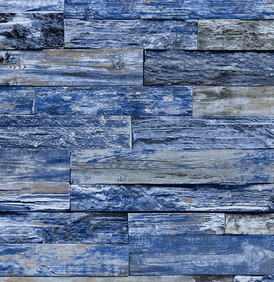 Blue-gray stacked stone wall with textured rectangular tiles