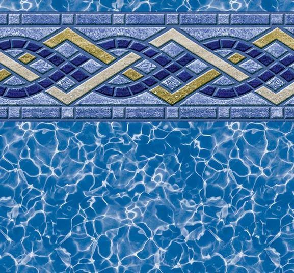 Blue swimming pool water with decorative blue, white, and gold tile border pattern