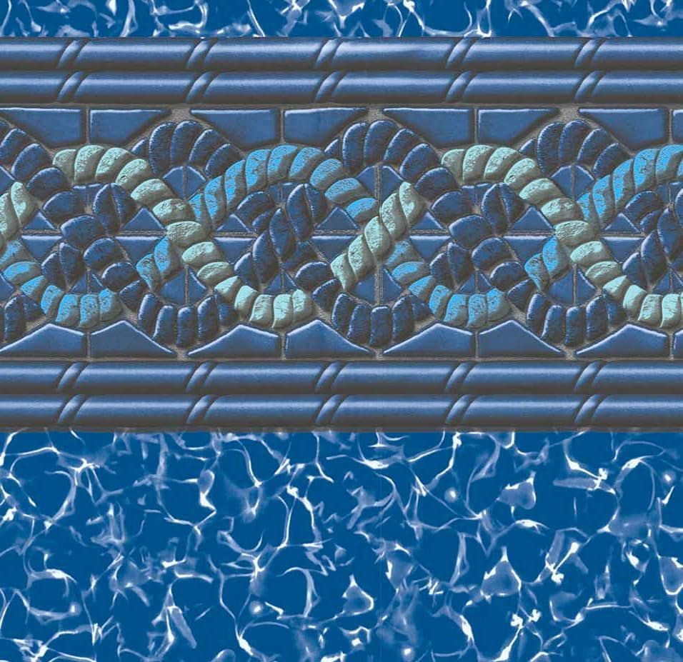 Blue patterned textile with braided trim and wavy white motifs