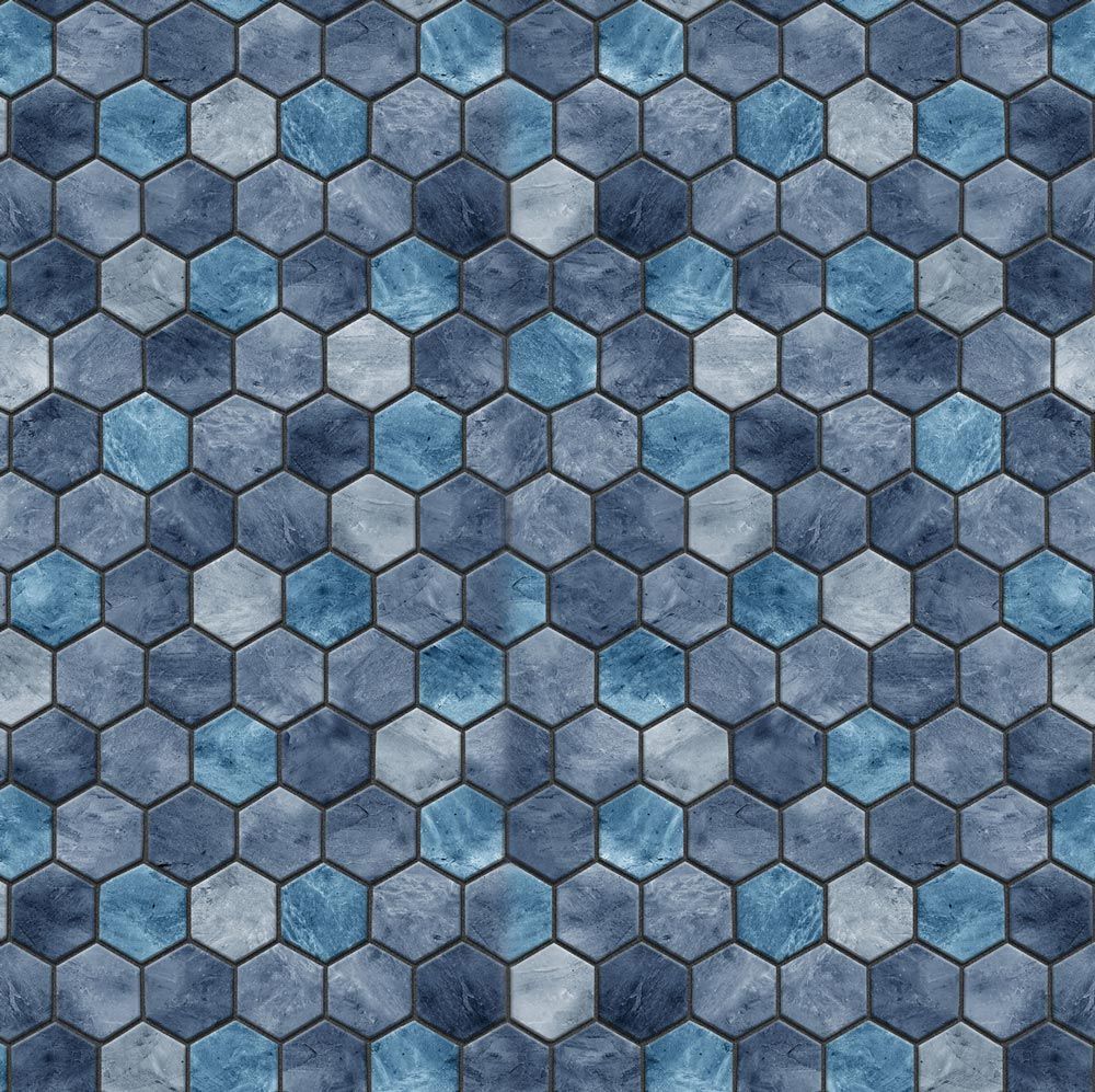 Blue-gray mosaic of small hexagonal tiles with a textured stone-like pattern