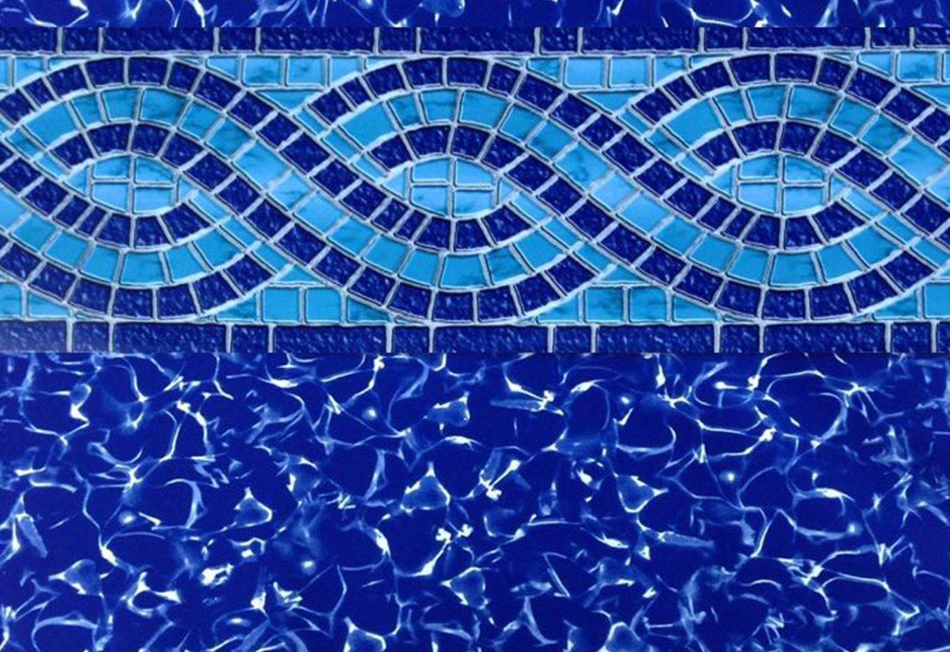 Blue mosaic swimming pool tiles with a wave pattern along the waterline and rippling water below