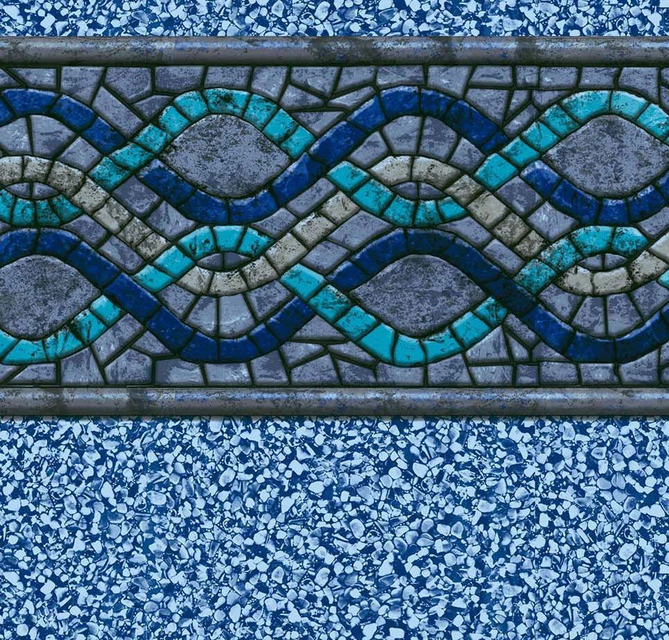 Blue and turquoise mosaic wall above a speckled blue surface