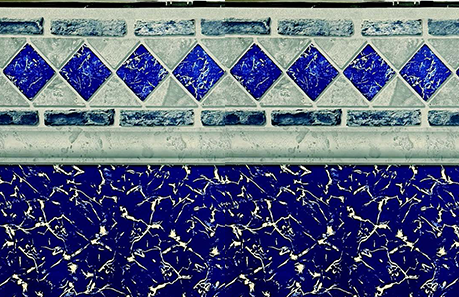 Blue and cream decorative mosaic with diamond border and textured base on a wall