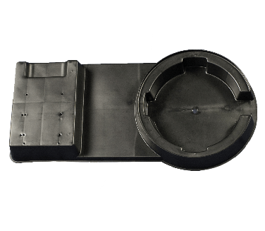 Black plastic car cup holder adapter with rectangular clip and round cup recess on a white background