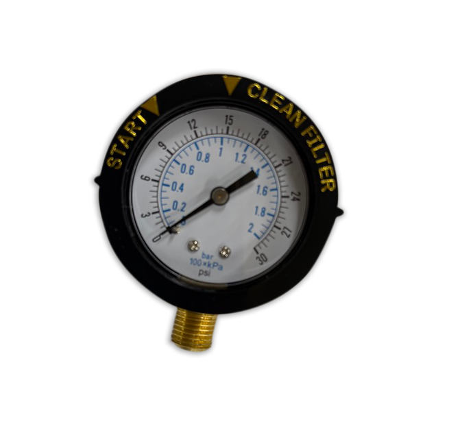 Black pressure gauge with brass fitting and white dial on a white background