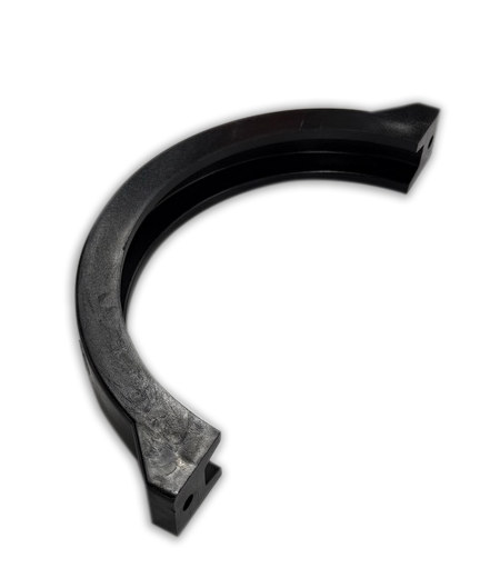Black curved plastic mounting clip with square ends on a white background