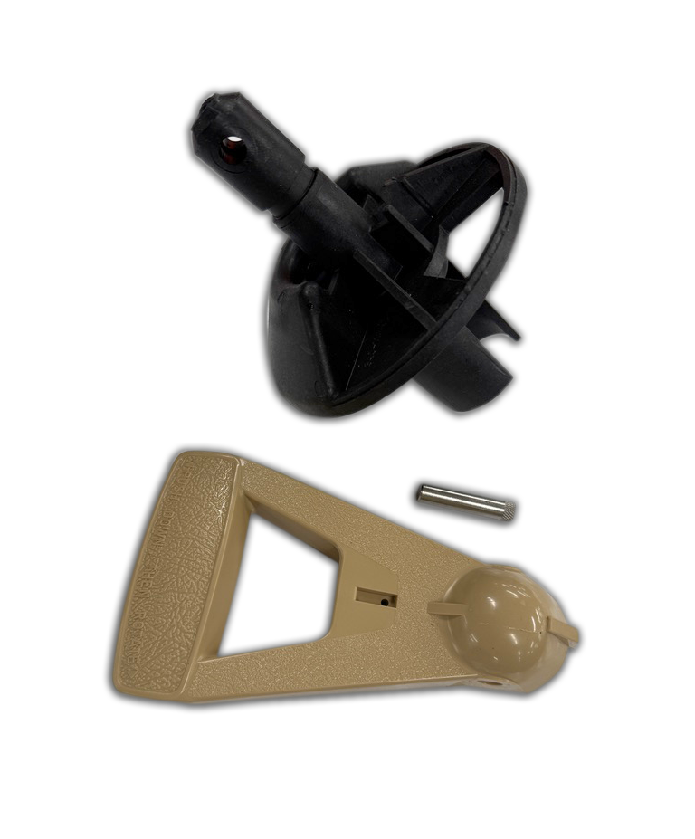Black and tan plastic mounting clips with a small metal pin on a white background