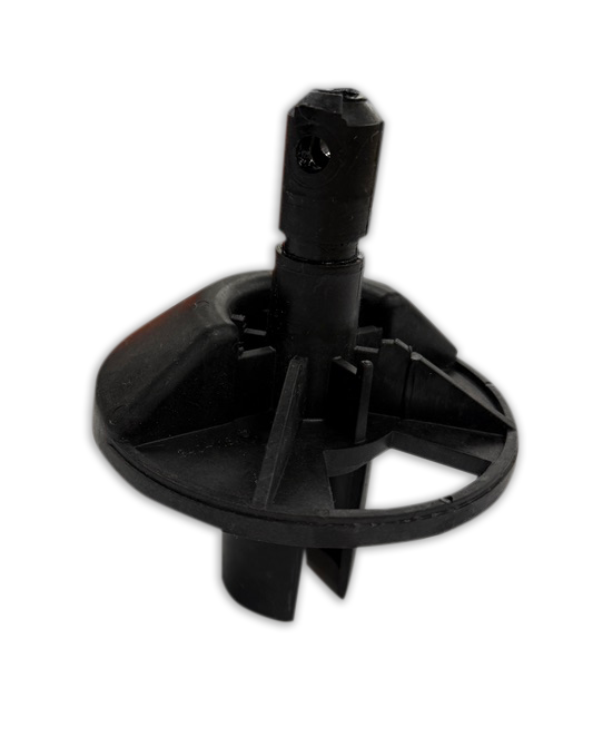 Black plastic circular valve or connector with a central stem on a white background