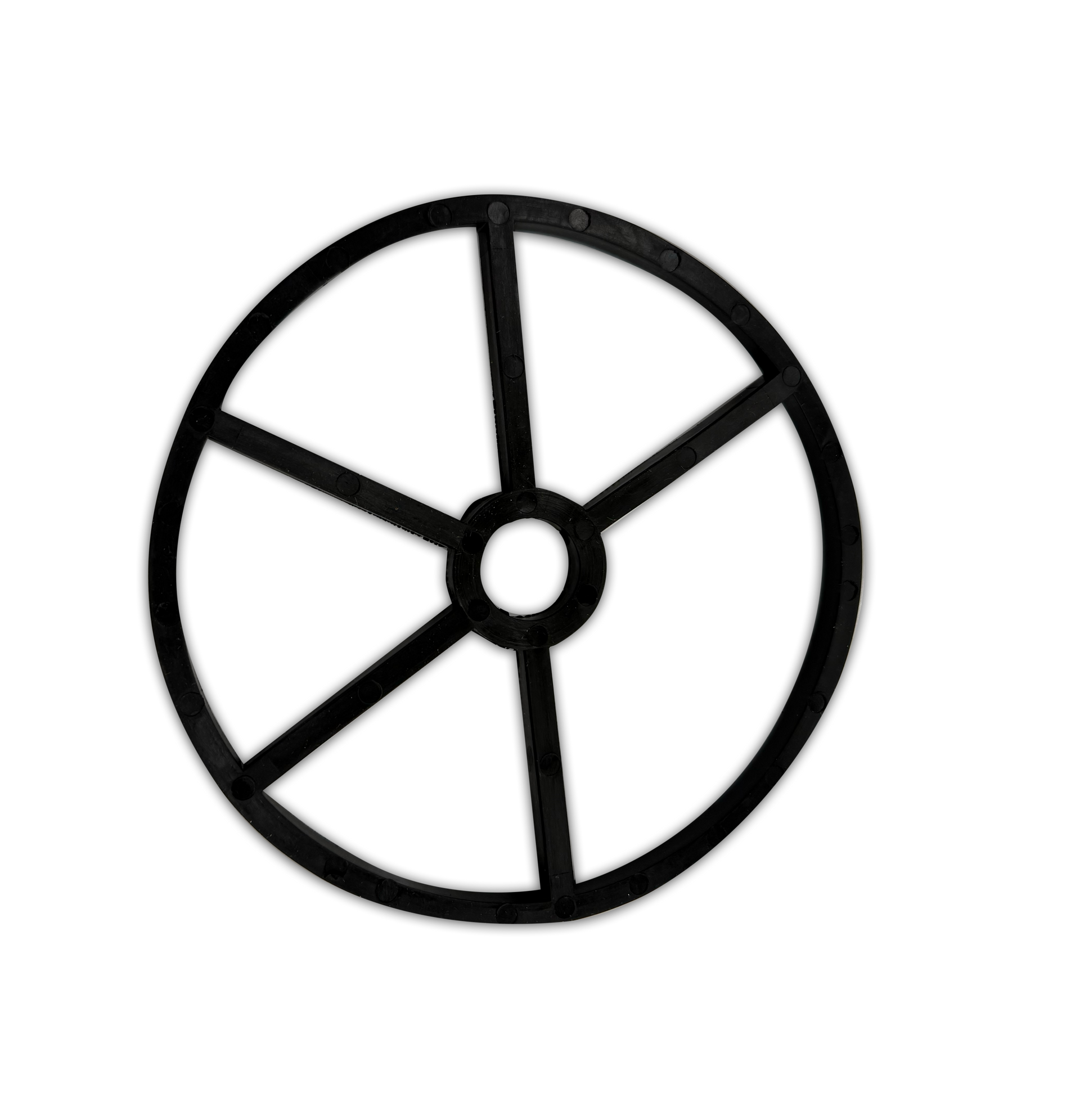 Black circular wheel-like symbol with five spokes on a white background
