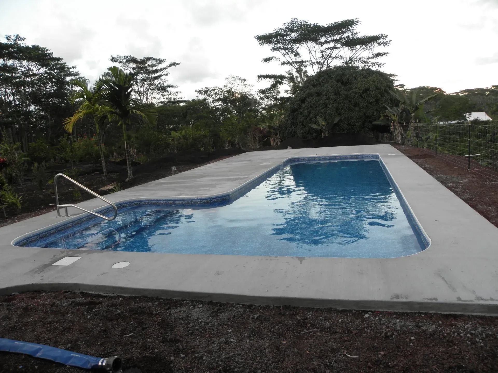 Empty outdoor swimming pool with a ladder, surrounded by greenery under a cloudy sky