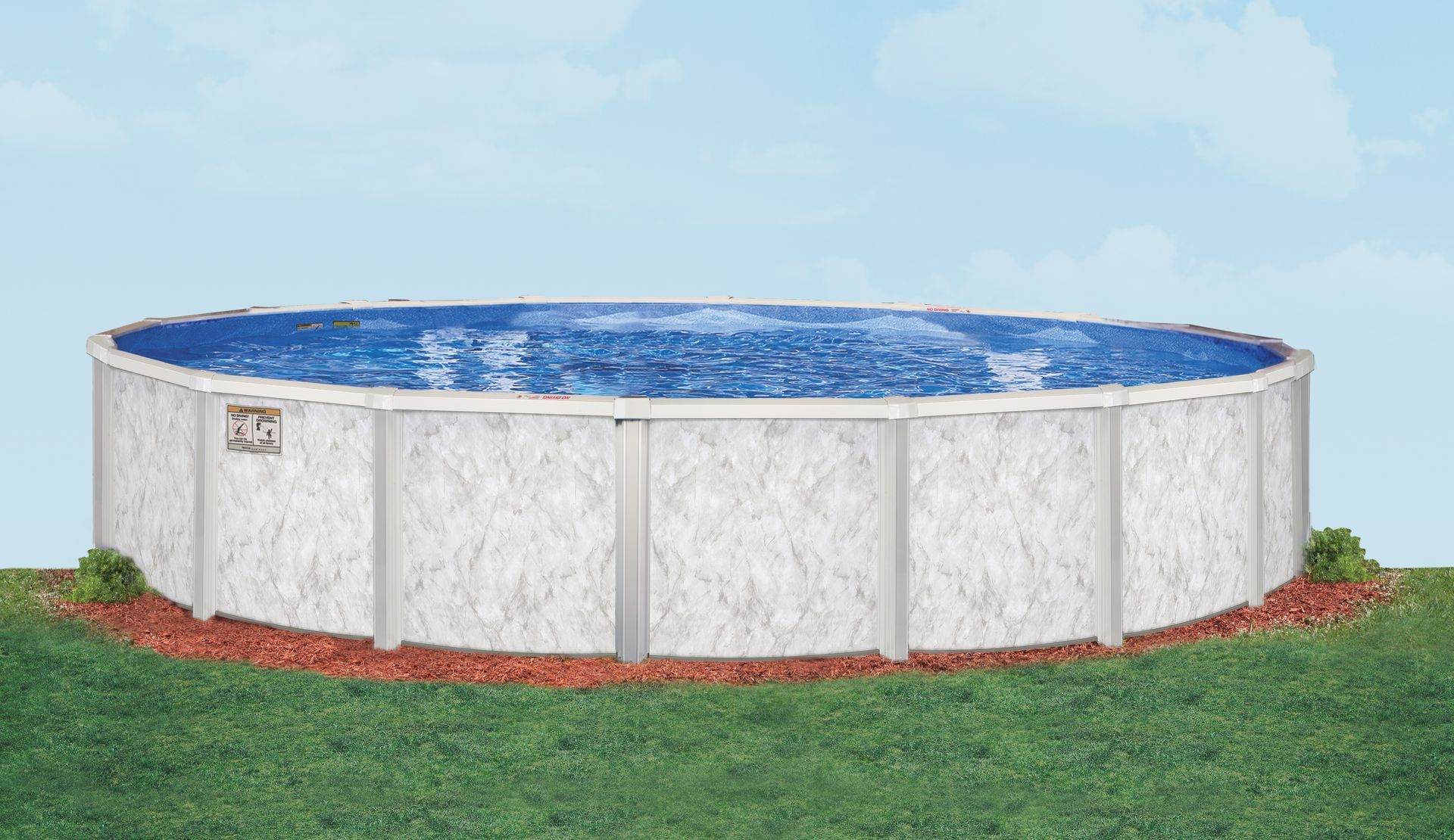 Above-ground round swimming pool with blue water on grass, viewed from the side