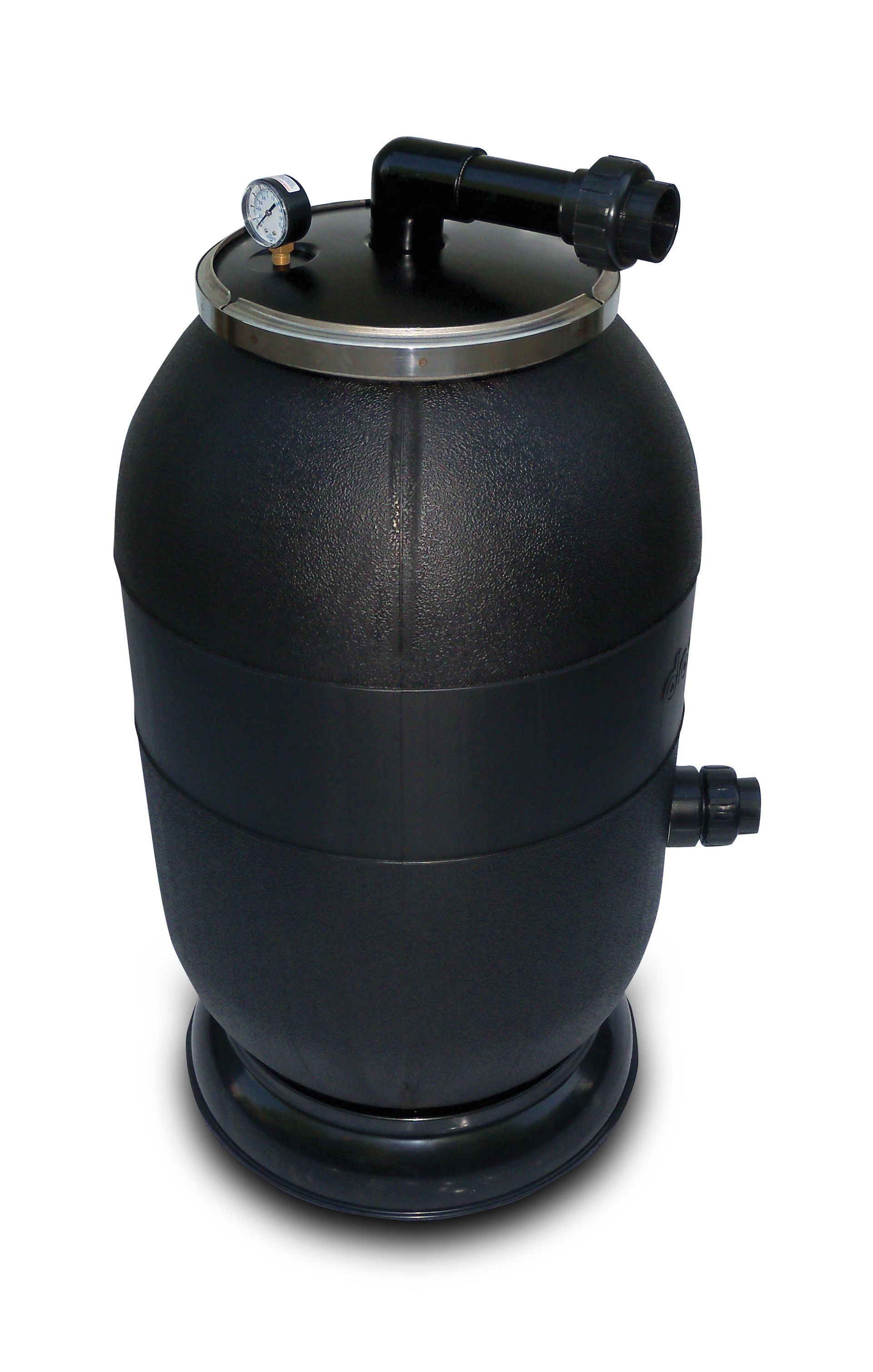 Black cylindrical pressure tank with metal fittings on top and side, isolated on white background