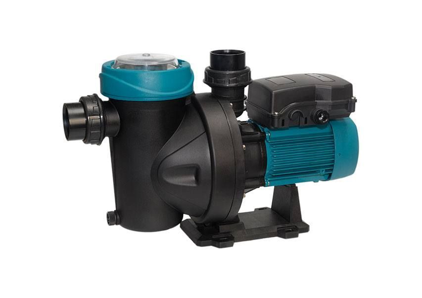 Black and teal water pump with electric motor on a white background