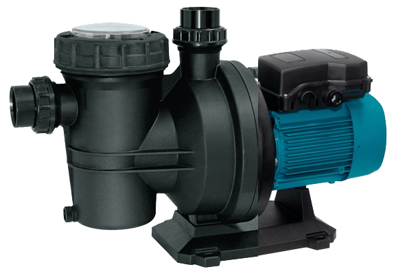 Black and blue electric water pump with a motor on a base, shown on a white background