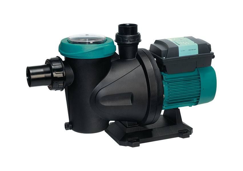 Teal and black electric water pump with hose fittings on a white background