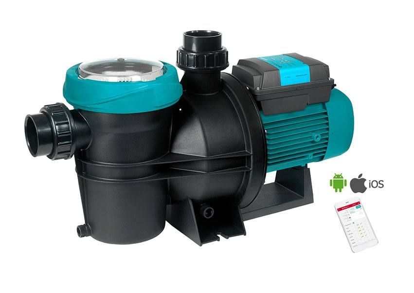 Black and teal pool pump with motor and filter housing on white background